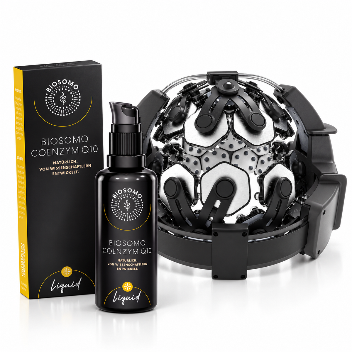 WeberBrain Home laser helmet with its hexagonal panels facing forward, beside a BIOSOMO Coenzym Q10 Liquid bottle and box.