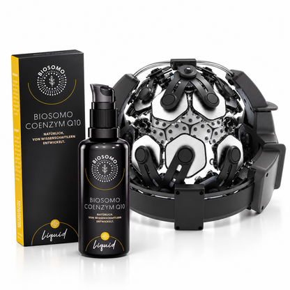 WeberBrain Home laser helmet with its hexagonal panels facing forward, beside a BIOSOMO Coenzym Q10 Liquid bottle and box.